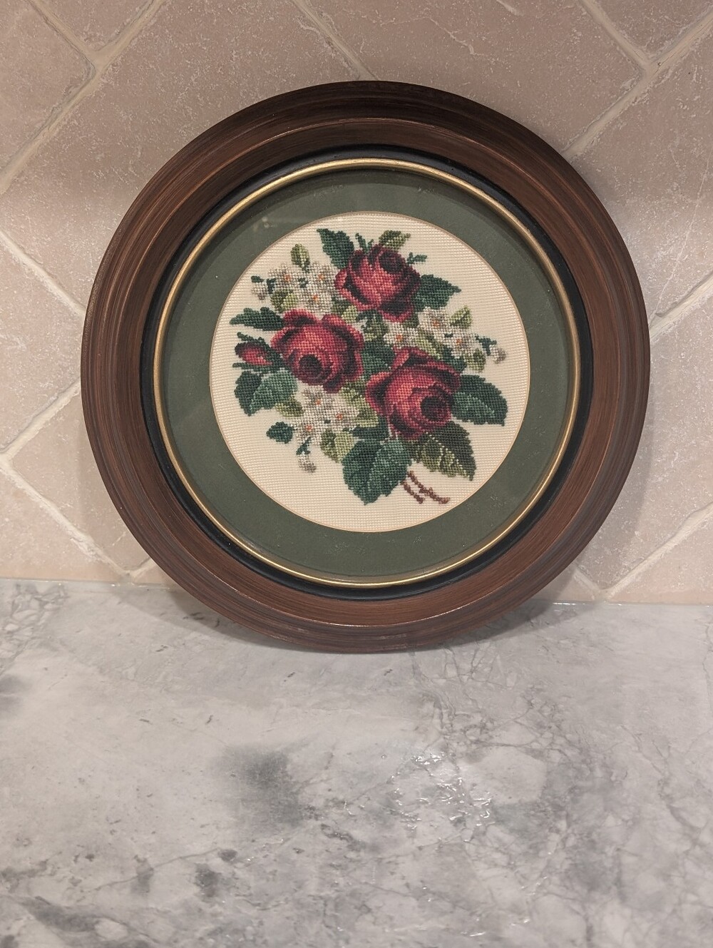 Framed Floral Cross-Stitch Wall Decor in Red and Green Roses Vintage